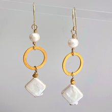 Load image into Gallery viewer, Handmade earrings with freshwater pearls and 24kt gold plate  over sterling silver circle 
