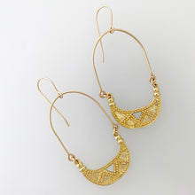 Load image into Gallery viewer, Brass Earrings in Crescent shape with decorative granulation pattern
