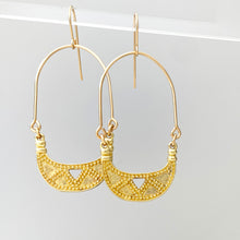 Load image into Gallery viewer, Brass Earrings in Crescent shape with decorative granulation pattern