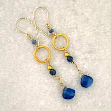 Load image into Gallery viewer, iolite and saphhire dangle earrings with 24kt gold plate elements and gold filled earwires