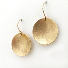 Load image into Gallery viewer, large textured brass earrings disc shape  matte finish side view
