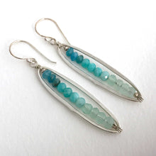 Load image into Gallery viewer, sterling silver earrings long oval frame blue gemstone beads close-up view