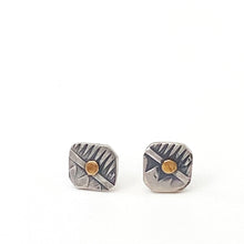 Load image into Gallery viewer, sterling silver post earring stamped with mountain pattern brass inlay antique finish