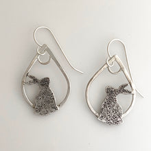 Load image into Gallery viewer, sterling silver earrings with rabbit silhouettes on teardrop hoops