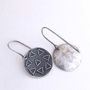 sterling silver  disc shaped earrings triangle wire embellishments textured rear view