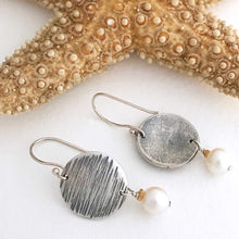 Load image into Gallery viewer, handcrafted linear texture sterling silver disc earrings freshwater pearl rear view
