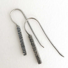 Load image into Gallery viewer, hand crafted sterling silver earrings heavy  square wire hammered line texture close up