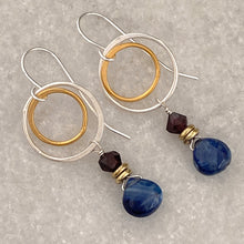 Load image into Gallery viewer, mixed metal cirlce earrings with iolite and garnet beads sterling silver and 24kt gold plate by b.truso