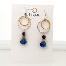 Load image into Gallery viewer, mixed metal cirlce earrings with iolite and garnet beads sterling silver and 24kt gold plate by b.truso
