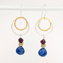 Load image into Gallery viewer, mixed metal cirlce earrings with iolite and garnet beads sterling silver and 24kt gold plate by b.truso
