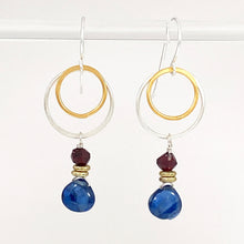 Load image into Gallery viewer, mixed metal cirlce earrings with iolite and garnet beads sterling silver and 24kt gold plate by b.truso