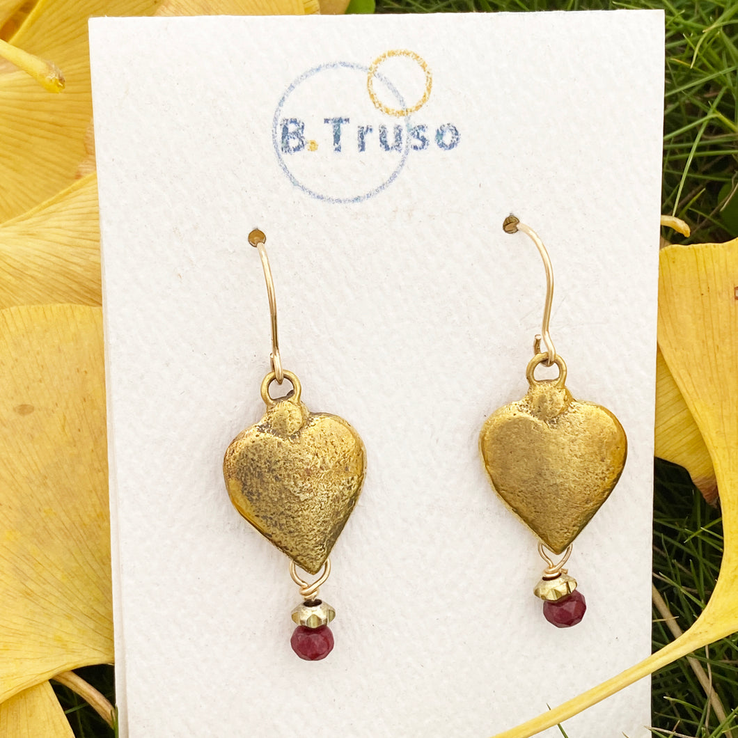Brass heart Earrings with ruby beads