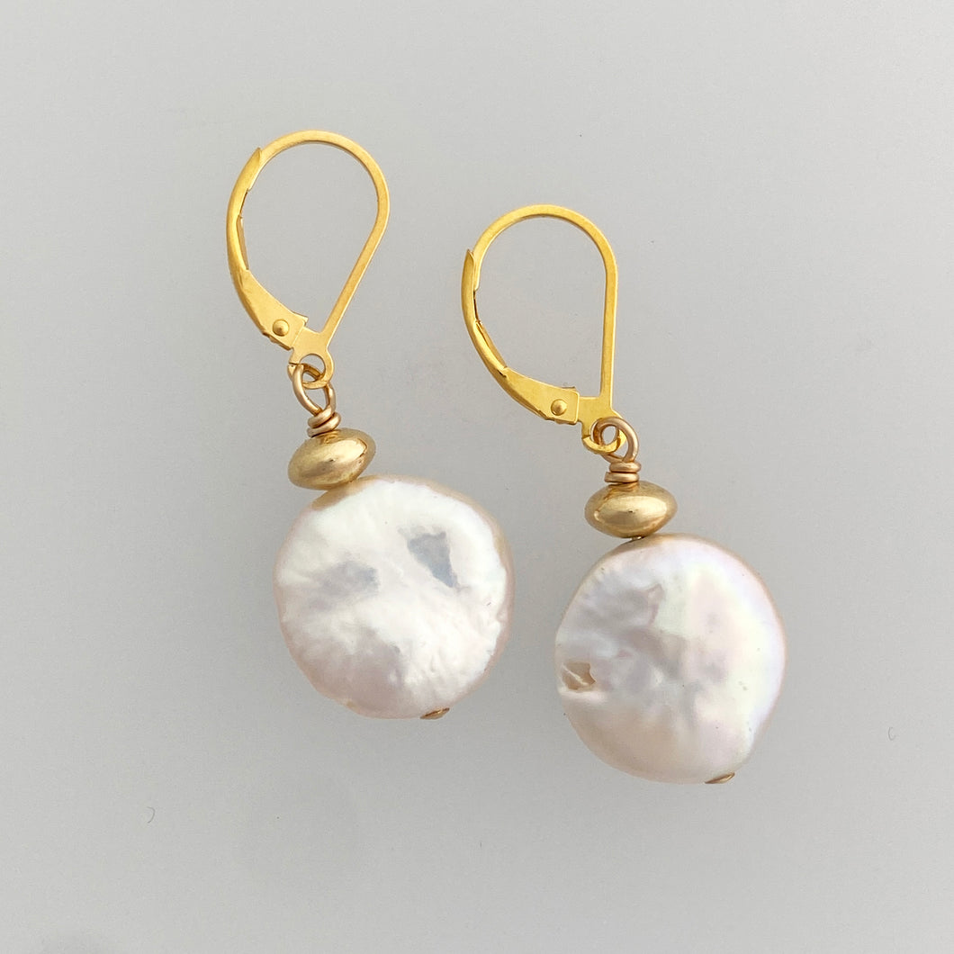 Large Freshwater Coin Pearls with 14kt Gold-filled Lever Back Earrings