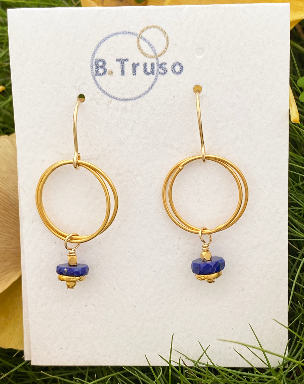 Lutza Earrings with 24kt Gold Plate Circles and faceted Lapis Beads