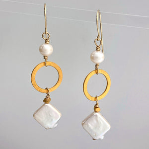 Handmade earrings with freshwater pearls and 24kt gold plate  over sterling silver circle 