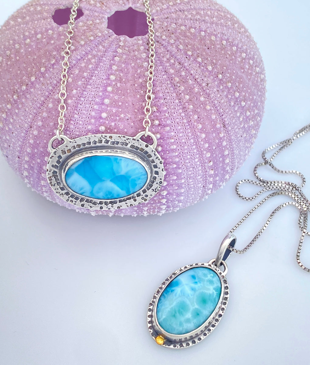 handcrafted larimar pendants in sterling silver with chains by beth truso