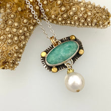 Load image into Gallery viewer, sterling silver pendant with brass accents and amazonite stone and fresh water pearl drop includes sterling silver chain
