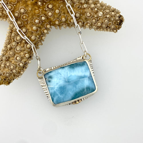 handcrafted sterling silver rectangle  larimar  pendant wtih sterling silver paperclip chain