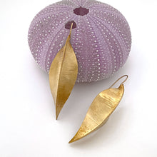 Load image into Gallery viewer, brass fold formed pea pod shaped earrings handmade by beth truso
