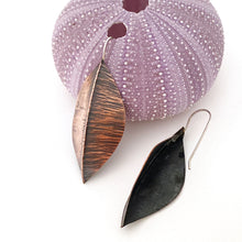 Load image into Gallery viewer, btruso earrings copper hammered pod shaped fold formed
