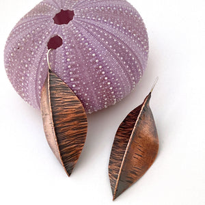 copper earrings fold formed hammered pod shaped