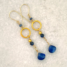 Load image into Gallery viewer, iolite and saphhire dangle earrings with 24kt gold plate elements and gold filled earwires
