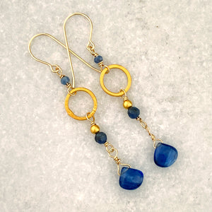 iolite and saphhire dangle earrings with 24kt gold plate elements and gold filled earwires