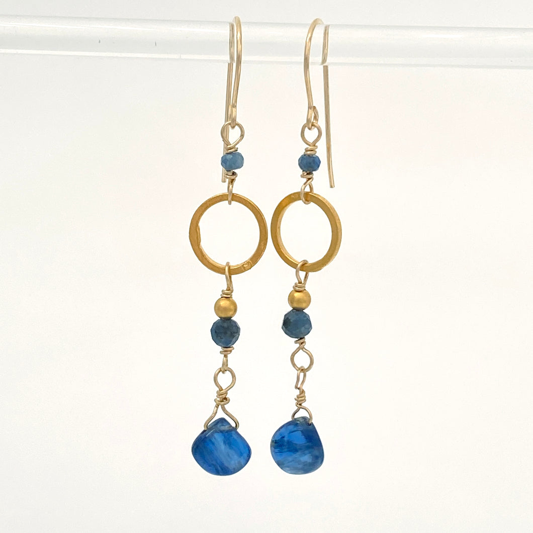 iolite and saphhire dangle earrings with 24kt gold plate elements and gold filled earwires