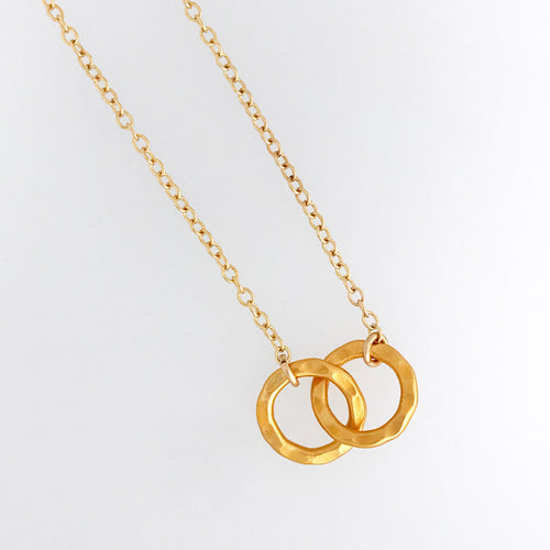 heavy hammered interlocking circles necklace 24kt gold plated sterling silver  pendant 14kt gold filled chain