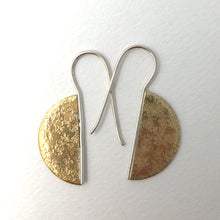 Load image into Gallery viewer, textured brass semi circke earrings on fixed sterling silver earwires front view

