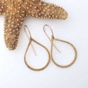 handcrafted tear drop shaped brass earring hammered heavy wire  14kt goldfilled ear wires 