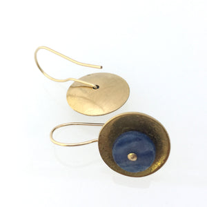 brass earrings  discs textured kyanite beads  side view