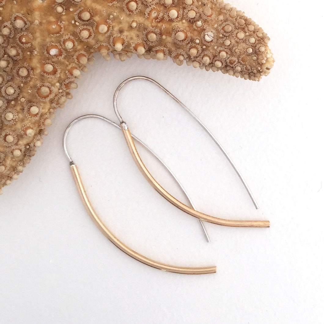 minimalist long brass wire earrings with fixed sterling silver ear wires 
