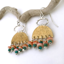 Load image into Gallery viewer, handcrafted brass sterling silver stamped earrings turqoise shell close up

