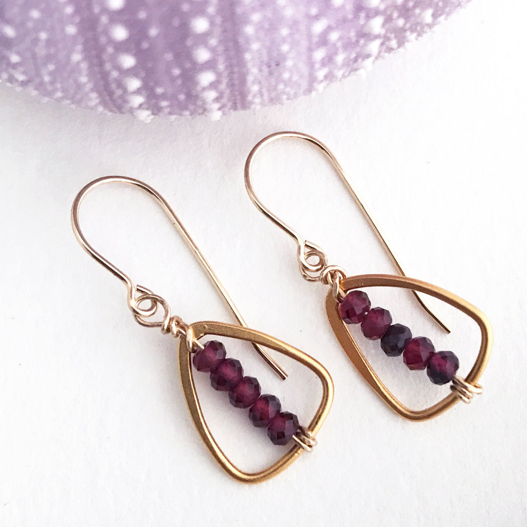 triangle 24kt gold over sterling plate earrings faceted garnet beads