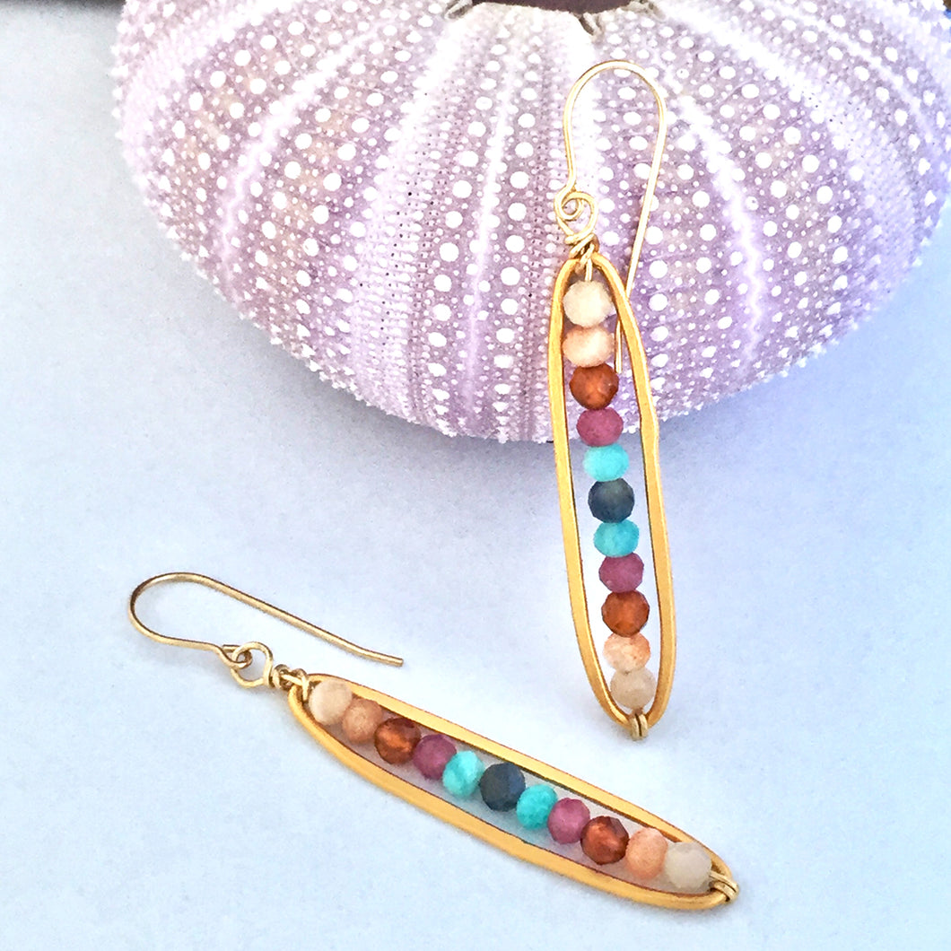 long oval gold plated sterling silver earrings strung with variety of gemstone beads
