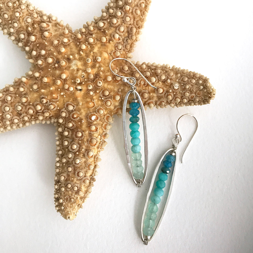 sterling silver earrings long oval frame blue gemstone beads