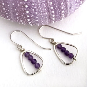Sterling Silver Earrings Flat Triangle Frames Threaded with Small Amethyst beads