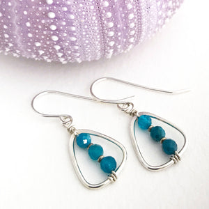 Sterling Silver Earrings triangle shaped ring with apatite beads
