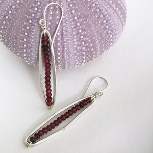 handcrafted long oval sterling silver earrings faceted garnet beads