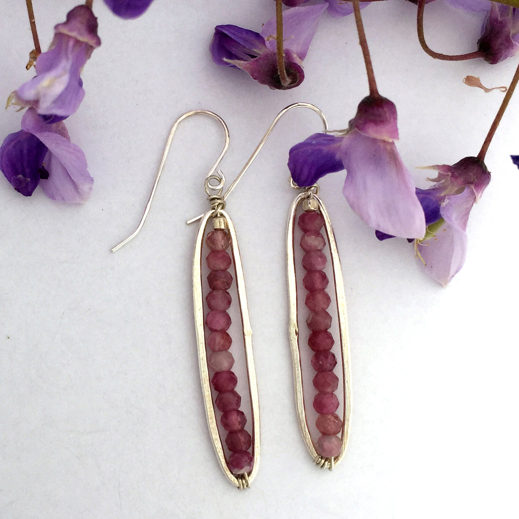 handcrafted long oval sterling silver earrings faceted pink tourmaline beads