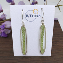 Load image into Gallery viewer, sterling silver earrings long oval faceted peridot beads august birthstone on card

