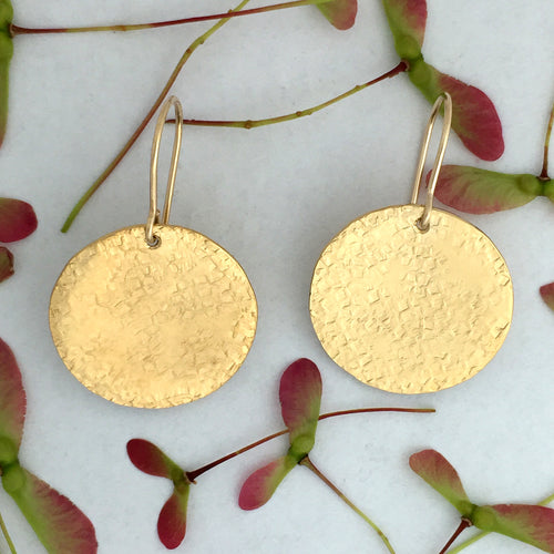 textured brass plated in 24kt gold disc shaped earrings