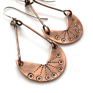Handmade  stamped  crescent moon copper earrings sterling silver ear wires