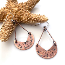Load image into Gallery viewer, Handcrafted stamped  crescent moon copper earrings sterling silver earwires
