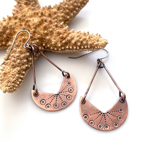 Handcrafted stamped  crescent moon copper earrings sterling silver earwires