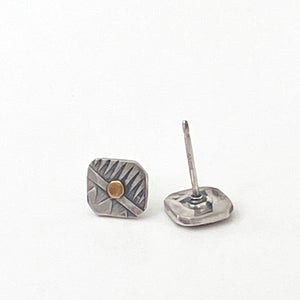 stamped sterling silver post earring with brass inlay and antique finish