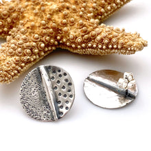 Load image into Gallery viewer, sterling silve earrings disc shape fold formed hammer stamp texture close up
