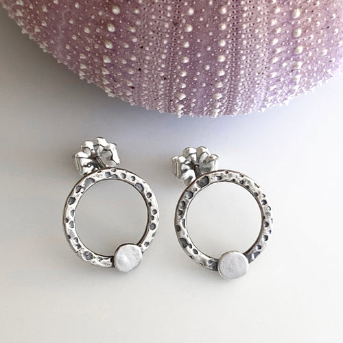 circle post earrings sterling silver with hammered dot texture