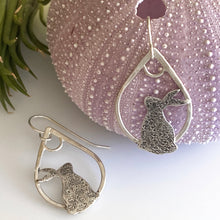 Load image into Gallery viewer, sterling silver earrings with rabbit silhouettes on teardrop hoops

